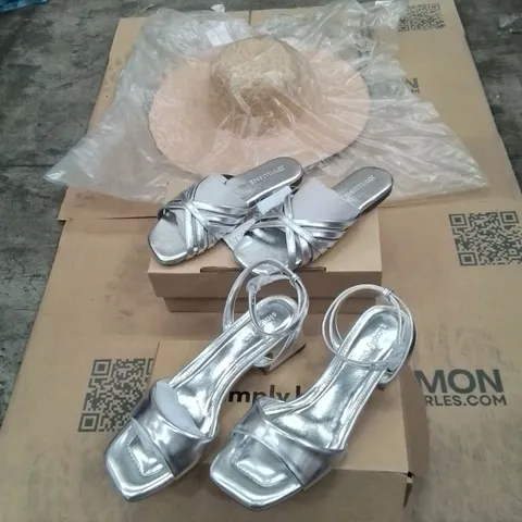 PALLET CONTAINING APPROXIMATELY 50X ASSORTED BRAND NEW DESIGNER SHOES AND CLOTHES INCLUDING: JD WILLIAMS SUMMER HAT, JD WILLIAMS WHITE SANDALS, SIMPLY BE SILVER HEELS