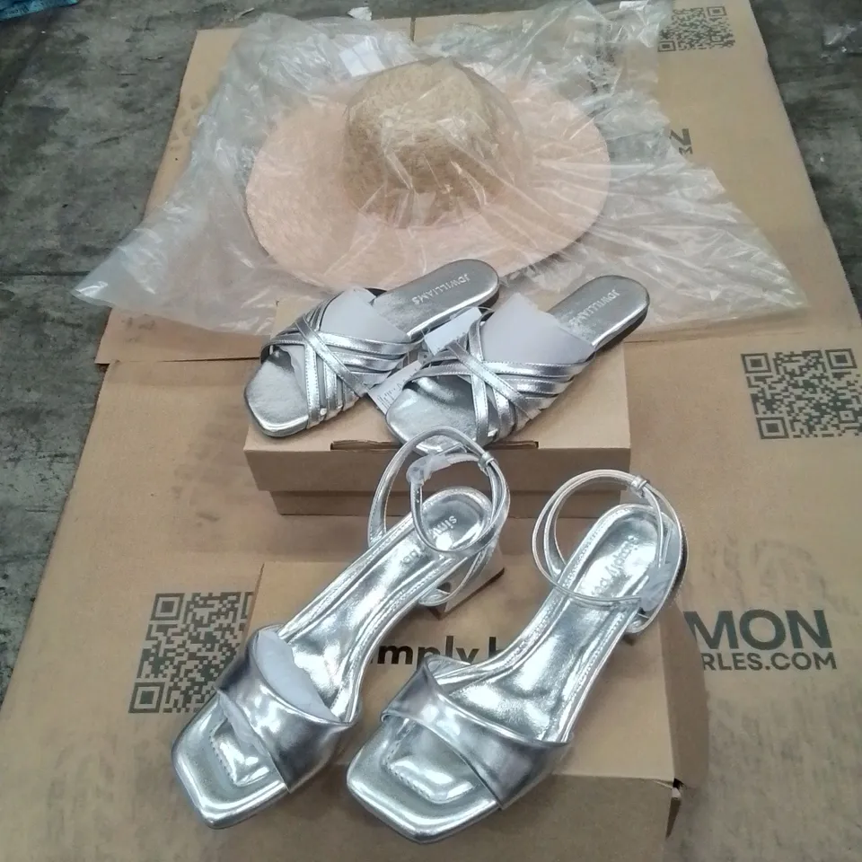 PALLET CONTAINING APPROXIMATELY 50X ASSORTED BRAND NEW DESIGNER SHOES AND CLOTHES INCLUDING: JD WILLIAMS SUMMER HAT, JD WILLIAMS WHITE SANDALS, SIMPLY BE SILVER HEELS