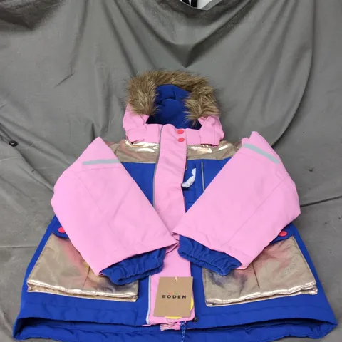 MINI BODEN KIDS' COLOUR-BLOCK COAT WITH FUR-TRIM HOOD – PINK/BLUE, 6-7Y