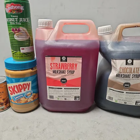 APPROXIMATELY 5 ASSORTED FOOD & DRINK ITEMS TO INCLUDE - COCONUT JUICE , CHOCOLATE MILKSHAKE SYRUP , SKIPPY PEANUT BUTTER 