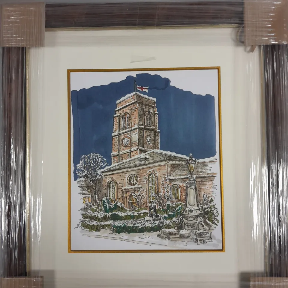 FRAMED SIGNED WINTER CHURCH SCENE PRINT 