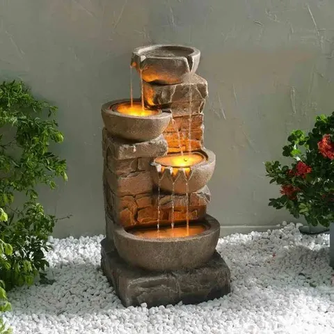 BOXED TEAMSON HOME 84.5 CM CASCADING BOWLS & STACKED STONES LED OUTDOOR WATER FOUNTAIN, BROWN