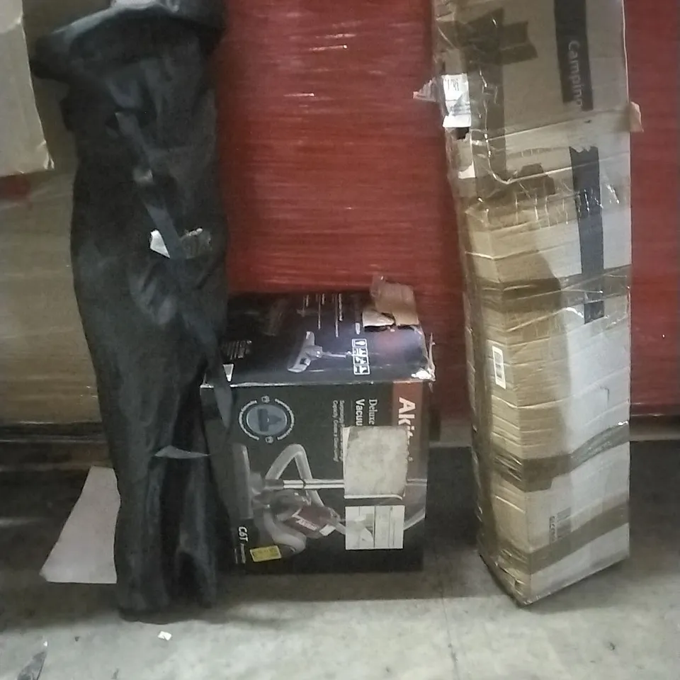 PALLET OF ASSORTED HOUSEHOLD GOODS AND PRODUCTS TO INCLUDE; CAMPING ACCESSORIES, HOOVER, BOXED FURNITURE ETC