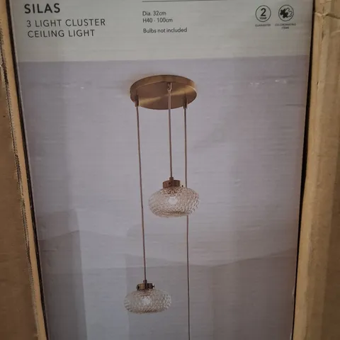 BOXED DUNELM SILAS 3-LIGHT CLUSTER CEILING LIGHT AMBER GOLD AND GOLD METAL