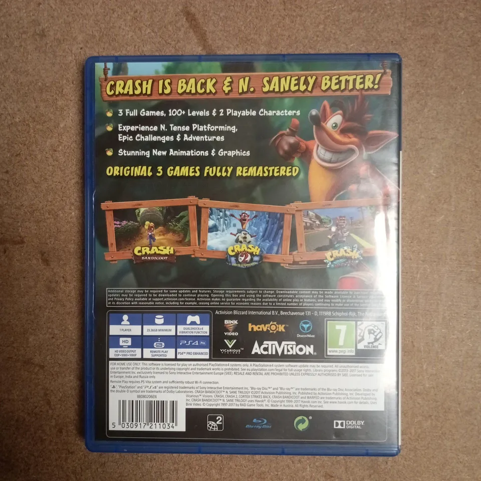 CRASH BANDICOOT N.SANE TRILOGY PLAYSTATION 4 VIDEO GAME