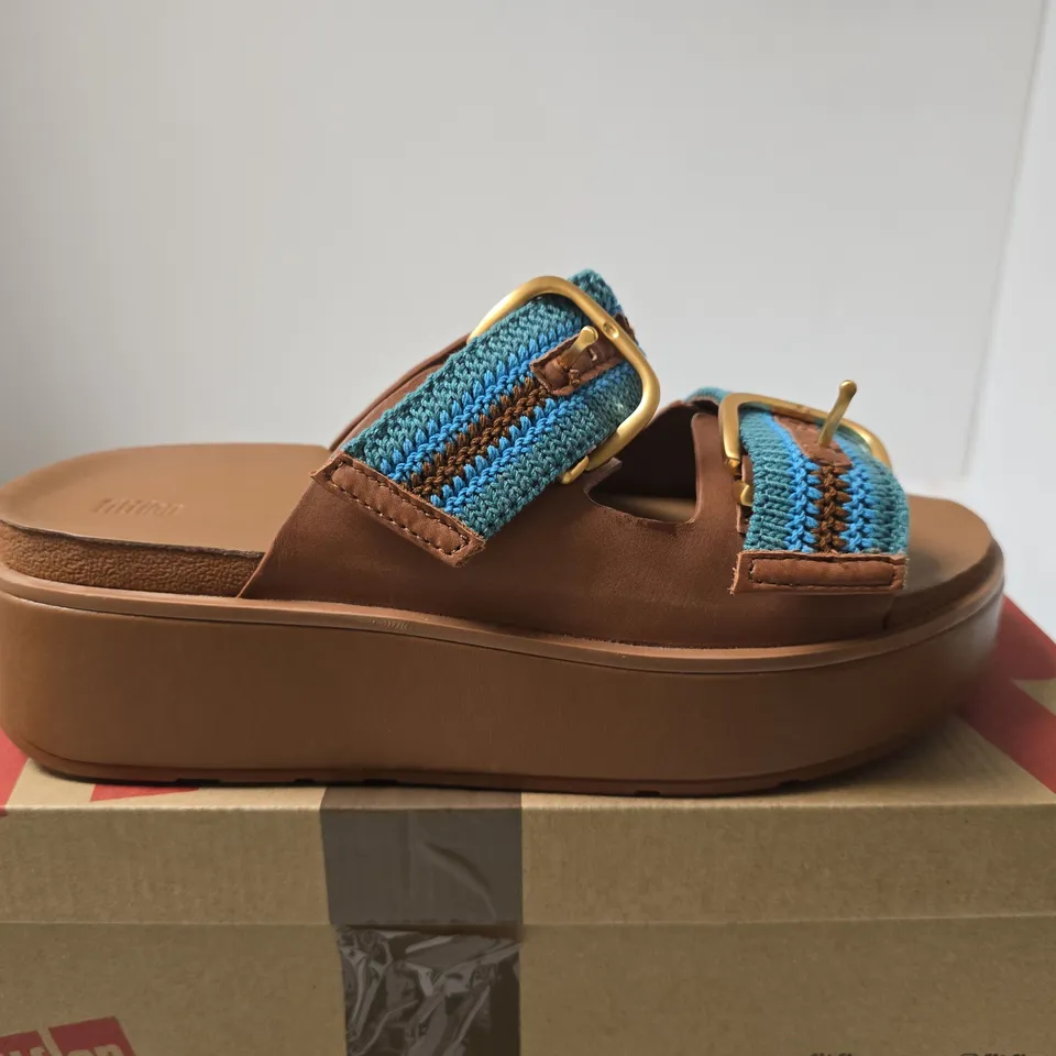 FIT FLOP MAX BUCKLE TWO BAR SLIDES DEEP TAN/TEAL UK 8 BOXED