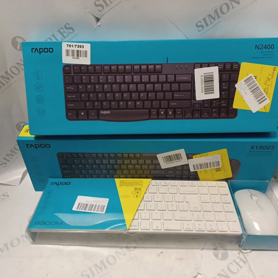 APPROXIMATELY 15 ASSORTED RAPOO PERIPHERALS TO INCLUDE N2400 KEYBOARD, X1800S KEYBOARD AND MOUSE COMBO, 9300M KEYBOARD AND MOUSE COMBO, ETC