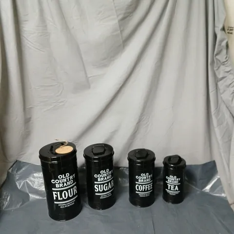 BARNYARD DESIGNS OLD COUNTRY BRAND FOUR CANISTERS - FLOUR, SUGAR, COFFEE & TEA 
