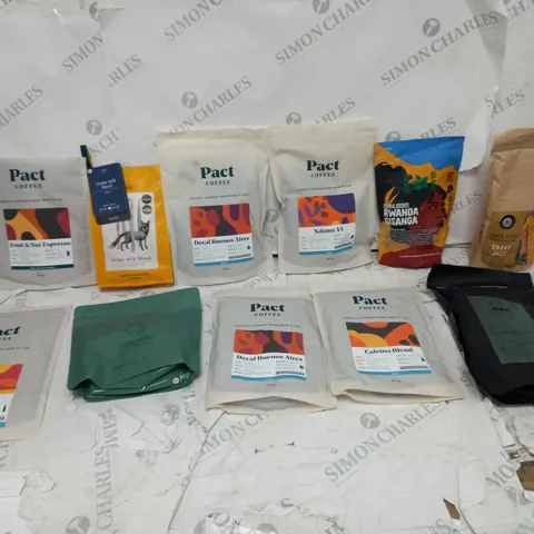 APPROXIMATELY 10 COFFEE PRODUCTS TO INCLUDE PACT COFFEE, UNDER MILK WOOD, AND LIQUID SPIRIT ETC.