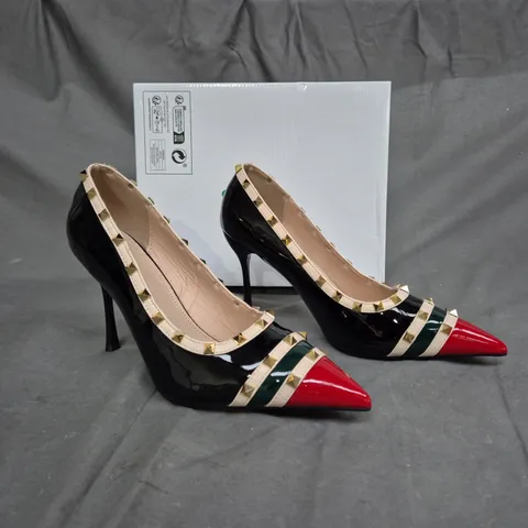 BOXED PAIR OF SPIKED HEELS BLACK/RED/GREEN - SIZE 42