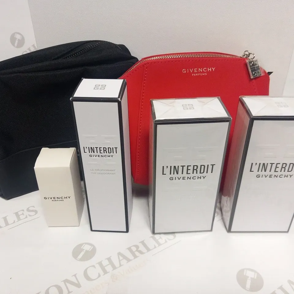 BOXED GIVENCHY 6 PIECE GIFT SET TO INCLUDE; 2 COSMETICS BAGS, THE SHOWER OIL, THE BODY MILK, THE DEODORANT AND PARFUM SAMPLE