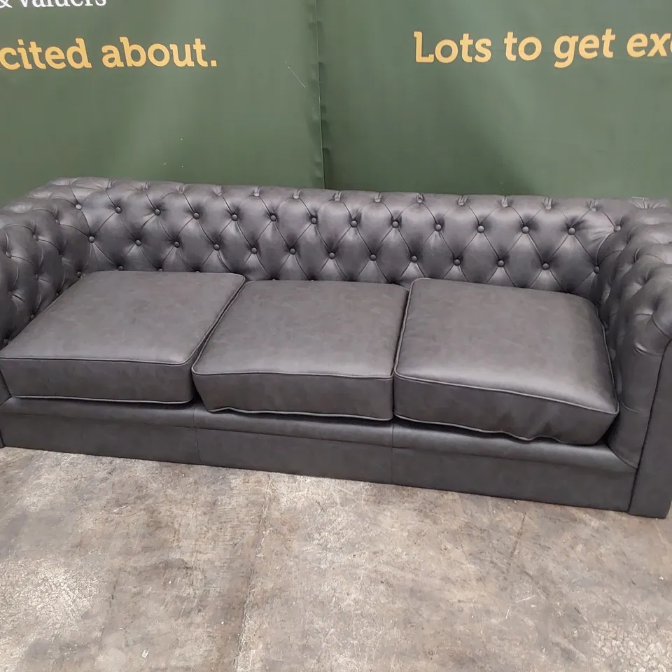 DESIGNER THREE SEATER CHESTERFIELD SOFA STEEL GREY LEATHER 