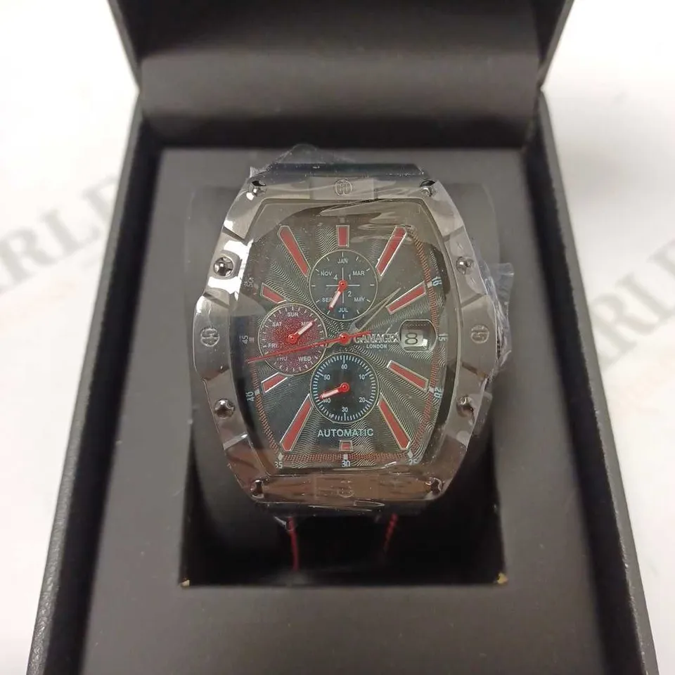 GAMAGES GALACTIC BLACK TRIPLE DATE DIAL RED STRIPE AUTOMATIC LEATHER STRAP WRISTWATCH	