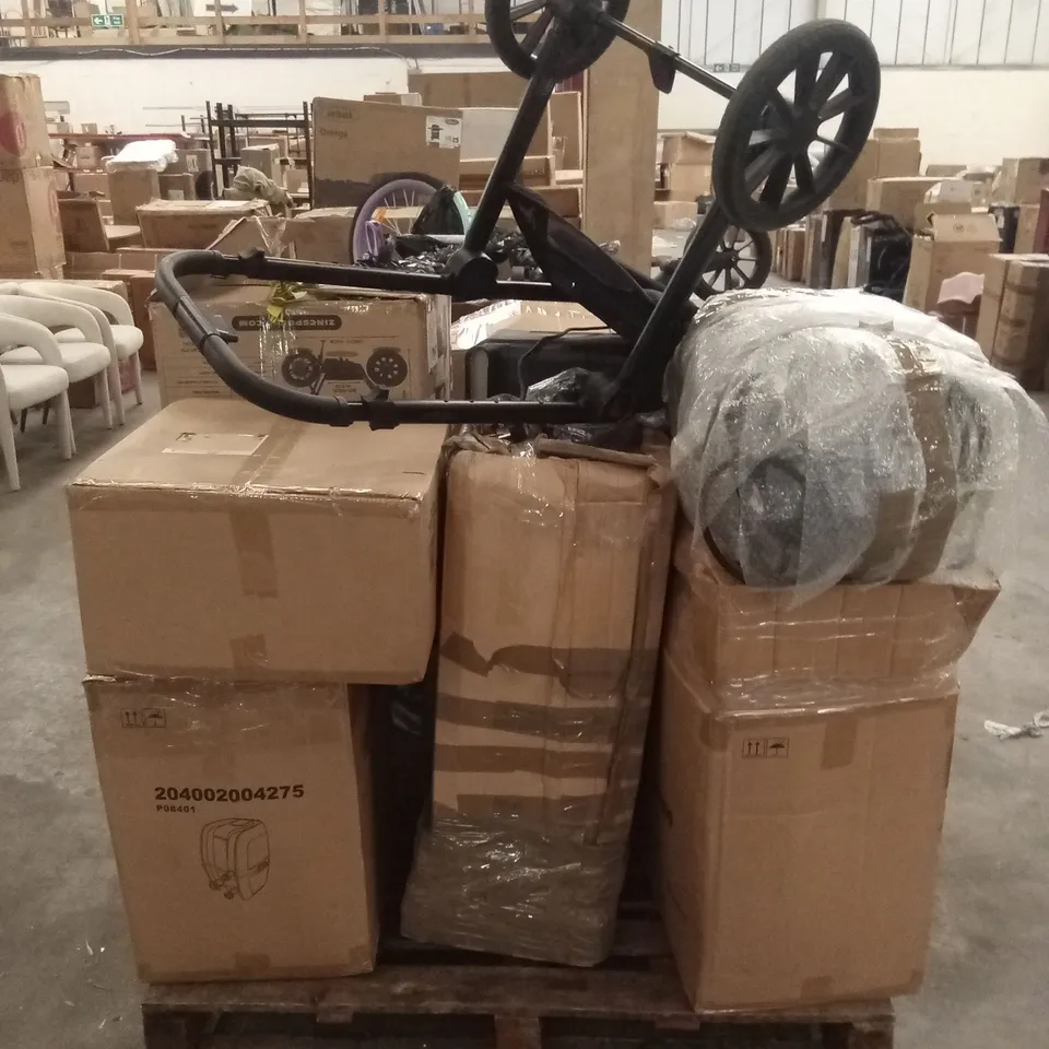 PALLET OF ASSORTED INCOMPLETE OR DAMAGED HOUSEHOLD GOODS AND PRODUCTS TO INCLUDE; PRAM PARTS, TRAMPOLINE PARTS, AIR FRYER ETC