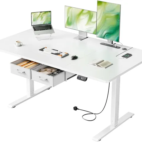 BOXED 140X80CM ELECTRIC STANDING DESK, 2 DRAWERS, POWER OUTLET