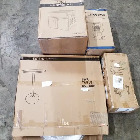 PALLET OF ASSORTED PRODUCTS INCLUDING AIR FRYER OVEN, AIR COOLER, FOLDING WAGON, BAR TABLE