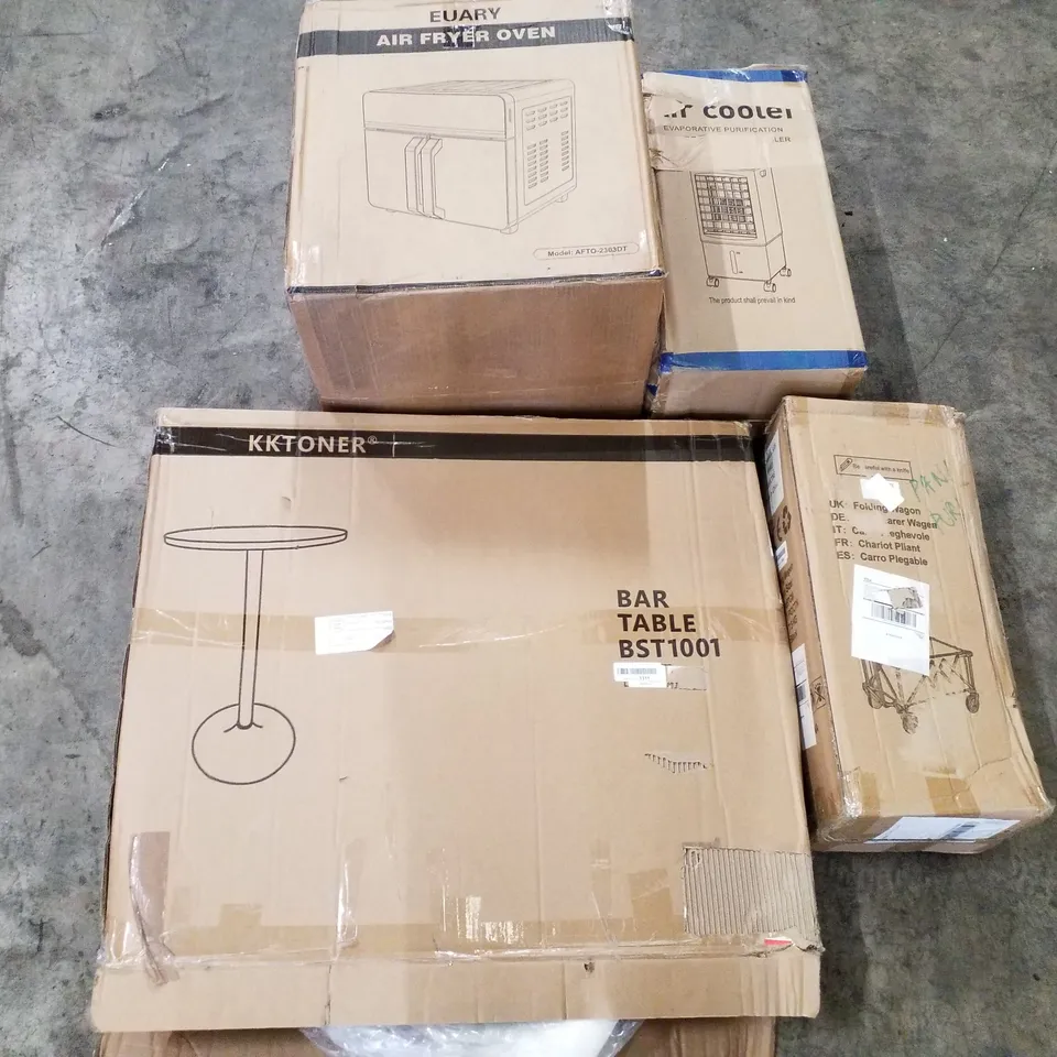 PALLET OF ASSORTED PRODUCTS INCLUDING AIR FRYER OVEN, AIR COOLER, FOLDING WAGON, BAR TABLE