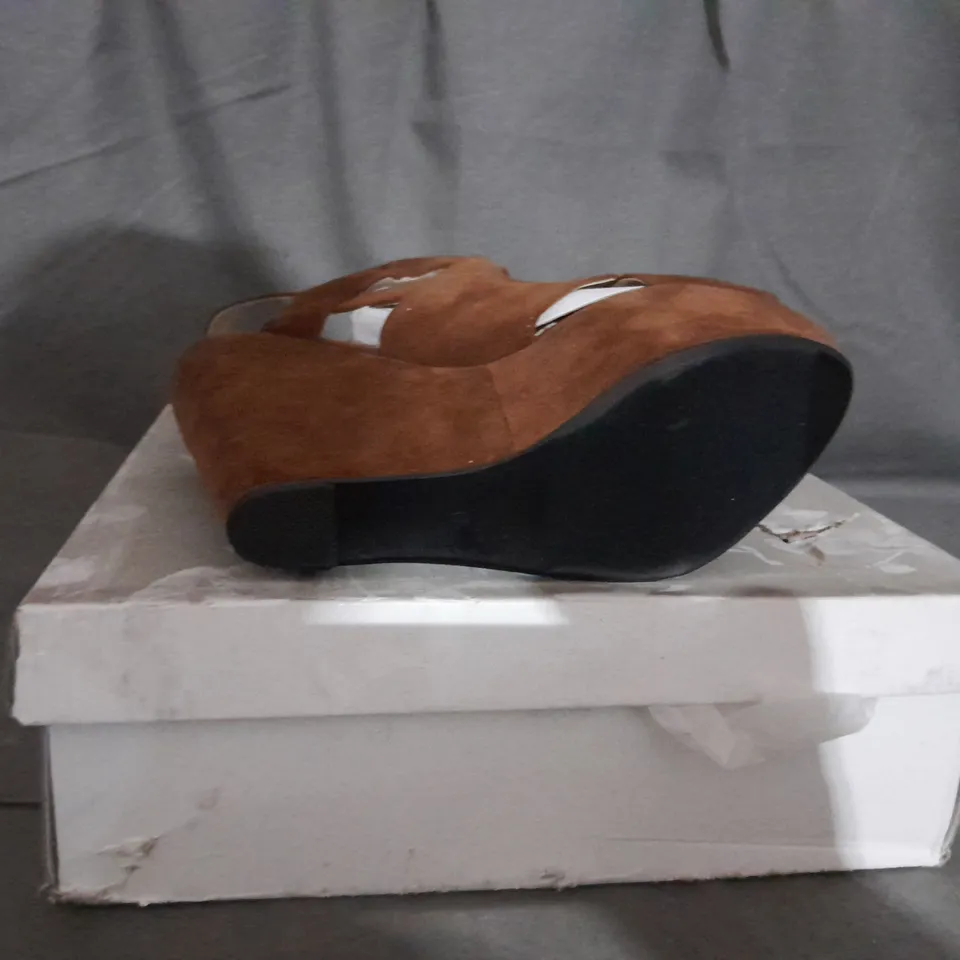 APPROXIMATELY 6 BOXED PAIRS OF KOI WEDGE SANDALS IN BROWN SUEDE VARIOUS SIZES TO INCLUDE SIZE 6