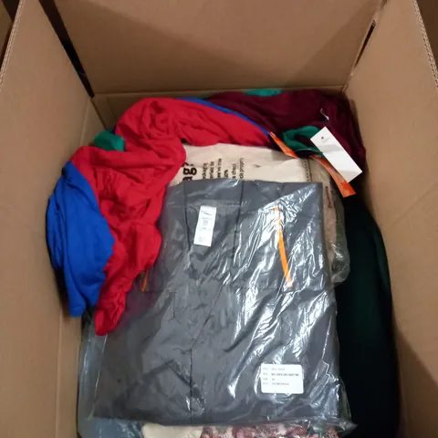 BOX OF ASSORTED CLOTHING ITEMS TOO INCLUDE JUMPERS, SHIRTS AND TROUSERS IN VARIOUS SIZES AND COLOURS