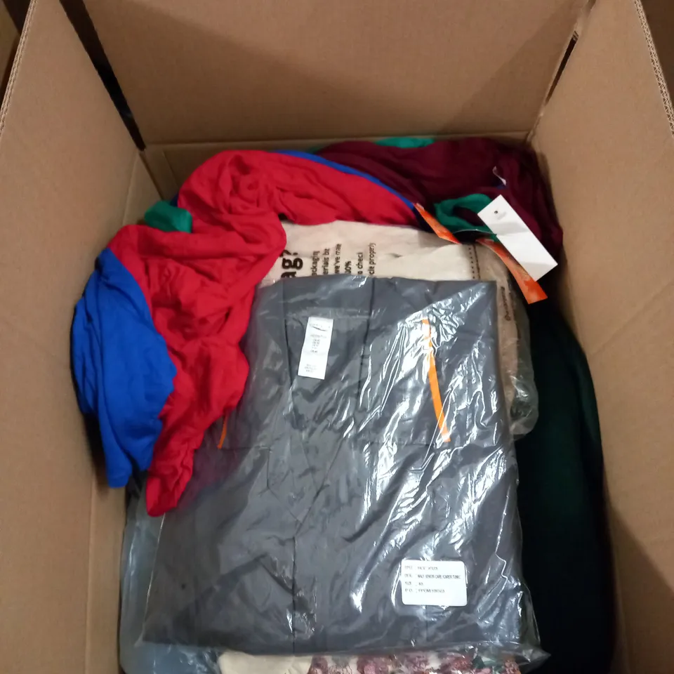 BOX OF ASSORTED CLOTHING ITEMS TOO INCLUDE JUMPERS, SHIRTS AND TROUSERS IN VARIOUS SIZES AND COLOURS   