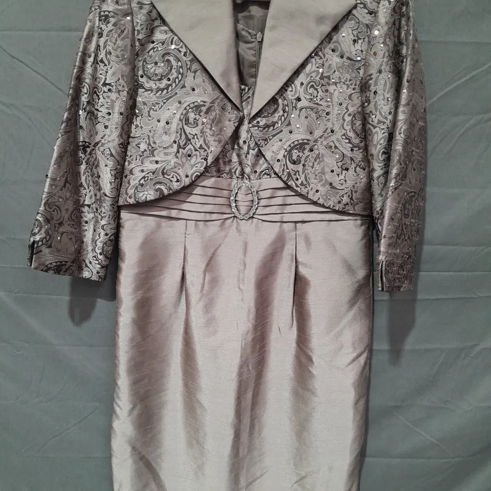 R&M RICHARDS TAUPE DAMASK DRESS AND JACKET - 8