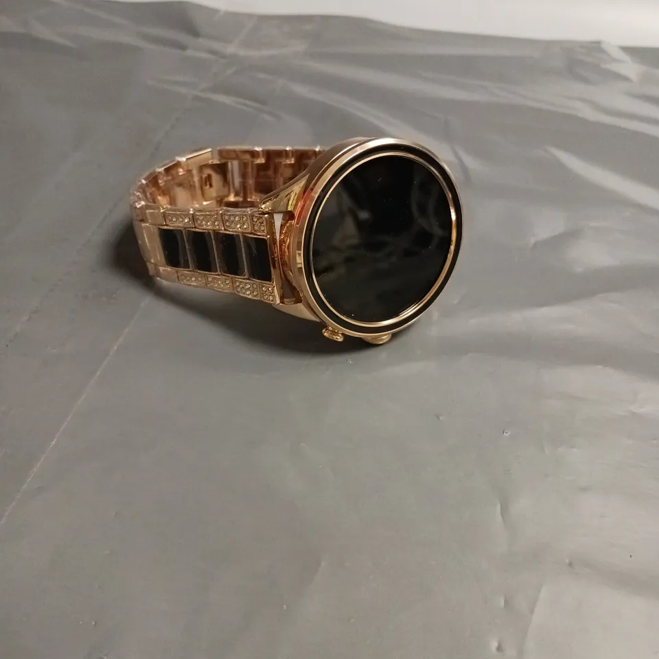 SMART WATCH ULTRA BLACK WITH CRYSTAL DETAIL. GOLD COLOURED STRAP IP-67