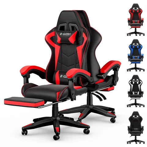 BOXED ERGONOMIC GAME CHAIR WITH MASSAGE LUMBAR SUPPORT AND FOOTREST - BLACK & RED