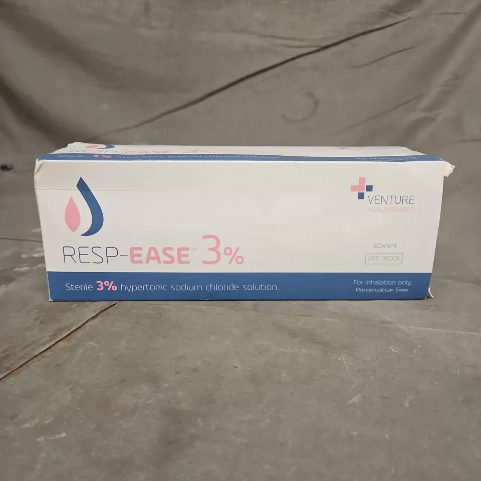 BOX OF APPROXIMATELY 20 RESP-EASE 3% STERILE HYPERTONIC SODIUM CHLORIDE SOLUTION – 60X4ML 