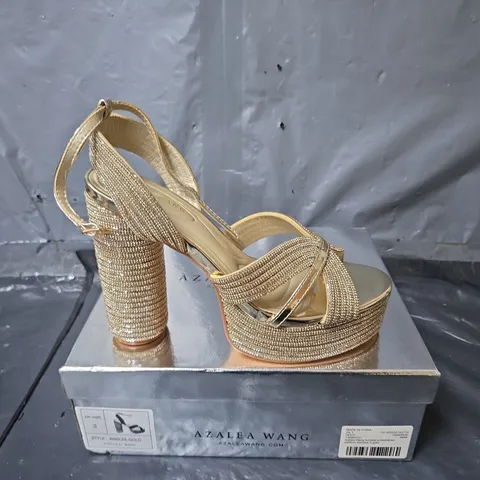 BOXED PAIR OF AZALEA WANG KINSLEE EMBELLISHED PLATFORM SHOES IN GOLD COLOUR - SIZE 3