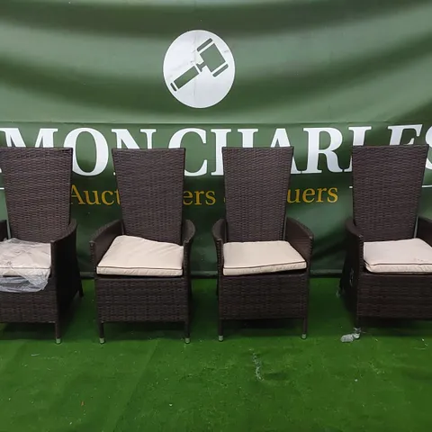 4 X DESIGNER MANUAL RECLINER GARDEN CHAIRS IN CHOCOLATE MIX RATTAN WITH CUSHIONS