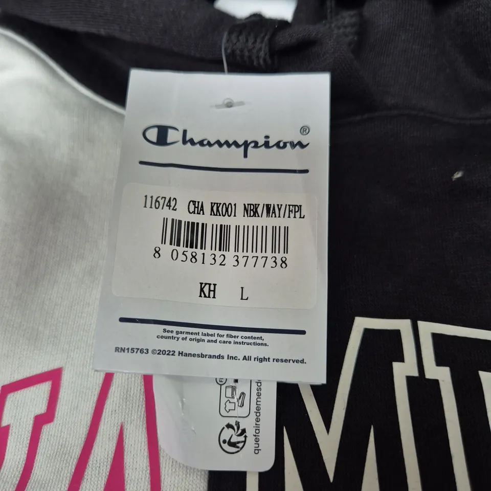 CHAMPION COLOUR-BLOCK HOODIE – BLACK WITH WHITE & PINK SLEEVES – UK SIZE L