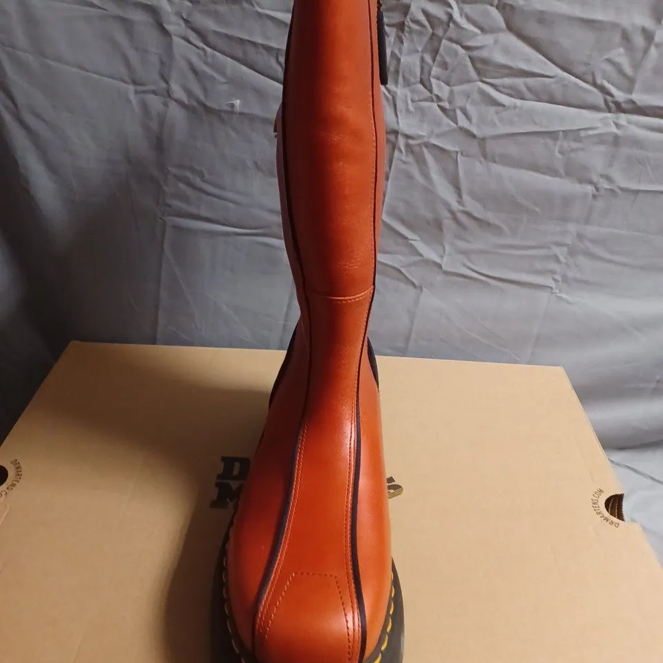BOXED PAIR OF DR. MARTENS LEATHER BOOTS – ORANGE-BROWN TALL SHAFT - UK SIZE 8
