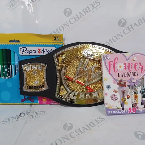 BOX OF APPROXIMATELY 20 ASSORTED TOYS AND GAMES TO INCLUDE FLOWER HEADBANDS, WWE CHAMPIONSHIP BELT, SET OF 24 COLOURED FELT TIPS, ETC