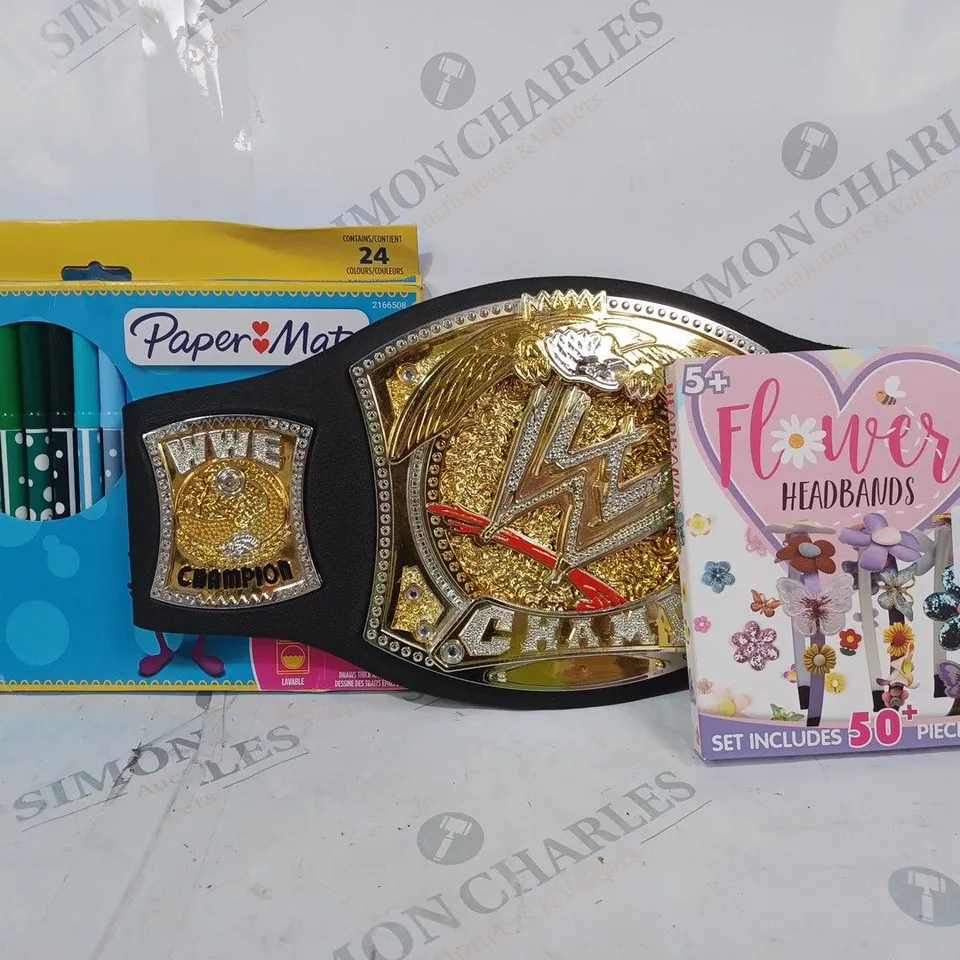 BOX OF APPROXIMATELY 20 ASSORTED TOYS AND GAMES TO INCLUDE FLOWER HEADBANDS, WWE CHAMPIONSHIP BELT, SET OF 24 COLOURED FELT TIPS, ETC
