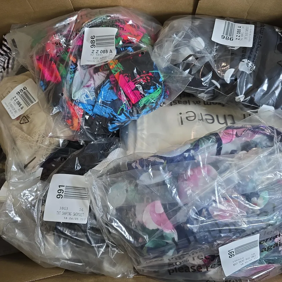APPROXIMATELY 22 ASSORTED CLOTHING ITEMS IN VARIOUS SIZES, STYLES & SIZES TO INCLUDE BLACK T-SHIRT, NAVY PRINT MIDI DRESS, ECRU CROP JEANS, ETC - COLLECTION ONLY 