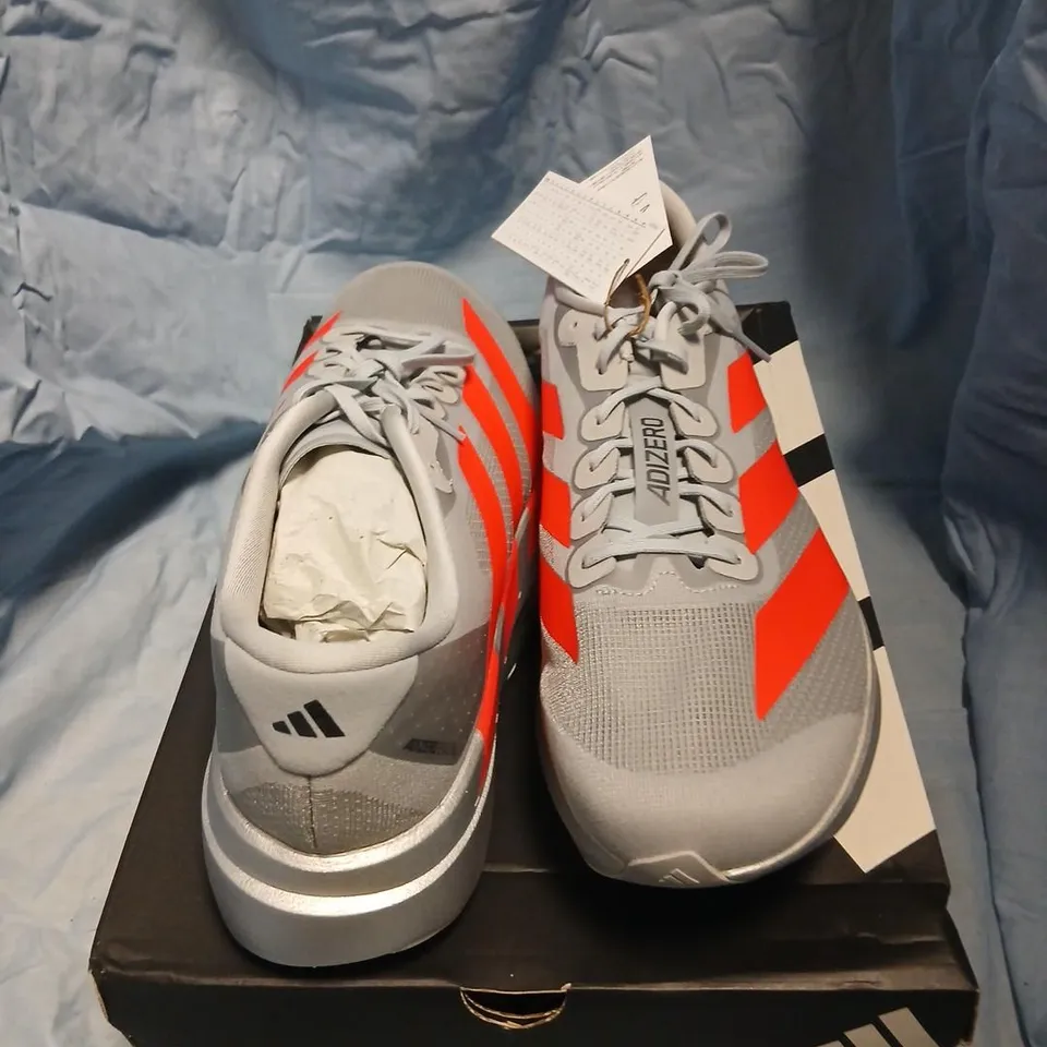 ADIDAS ADIZERO EVO SL M RUNNING SHOES – GREY WITH CORAL STRIPES, UK 13 (US 13.5)