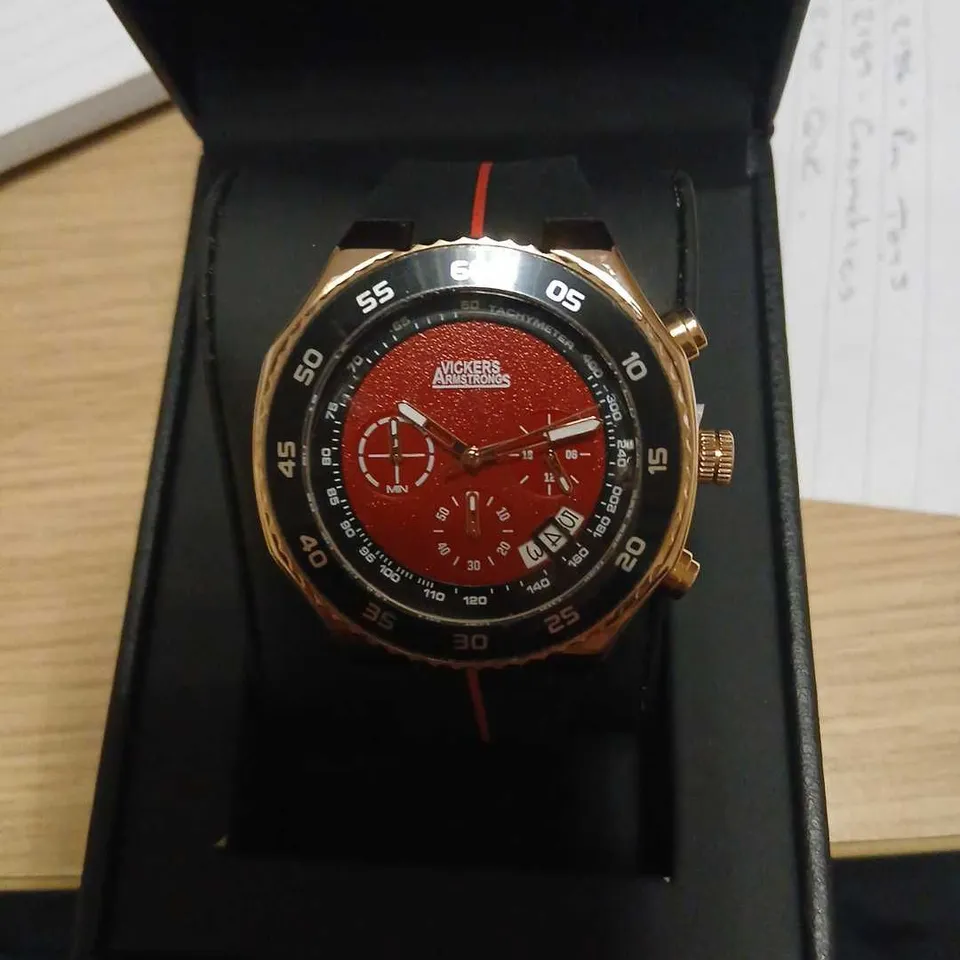 VICKERS ARMSTRONGS HARRIER ROSE RED WATCH – GOLD-TONE, BOXED