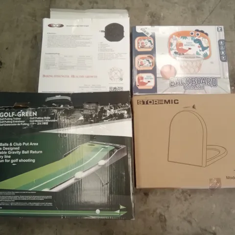 PALLET OF ASSORTED ITEMS INCLUDING STOREMIC TOILET SEAT, GOLF PUTTING TRAINER, SMART BOXING WALL TARGET, KIDS BACKBOARD, KING ARCHERY KIDS TOY