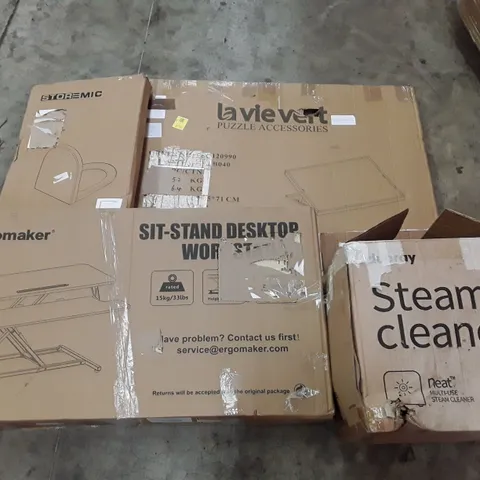 PALLET OF ASSORTED PRODUCTS INCLUDING TOILET SEAT, PUZZLE BOARD, MULTIUSE STEAM CLEANER, SIT-STAND DESKTOP WORKSTAND