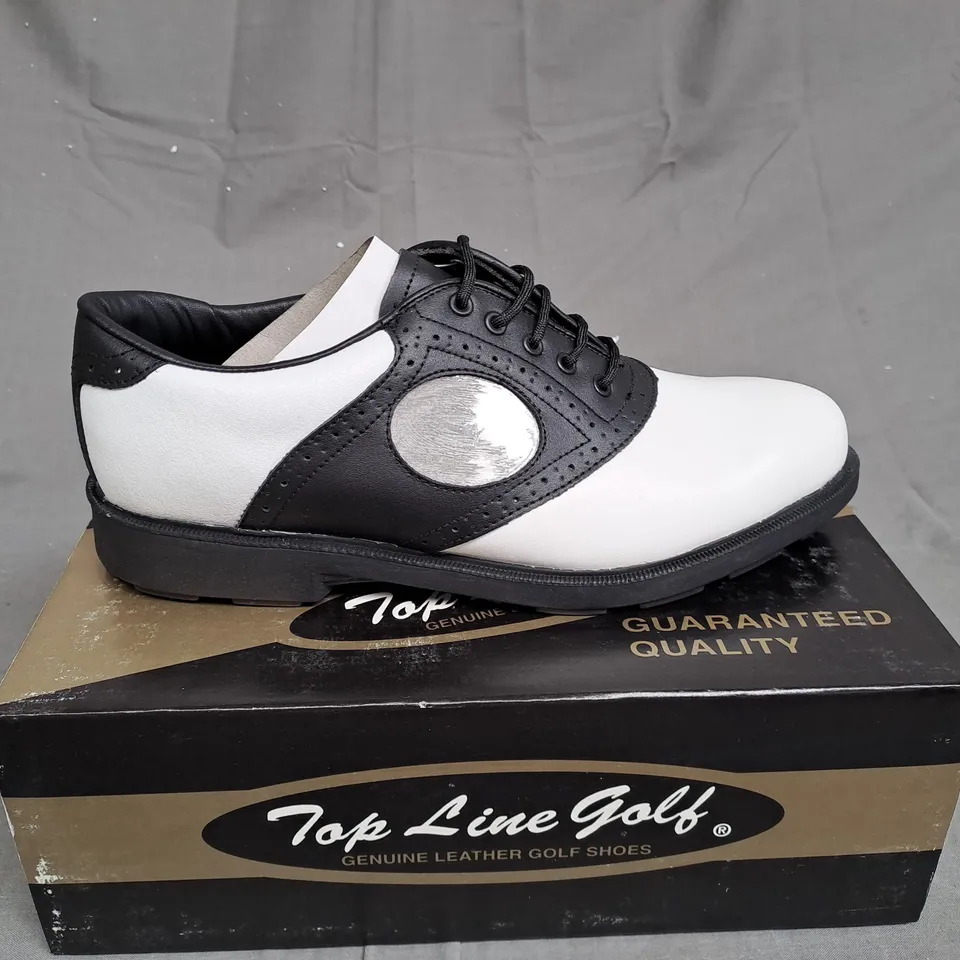 BOX OF APPROXIMATLY 12 BLACK AND WHITE TOP LINE GOLF SHOES VARIOUS SIZES