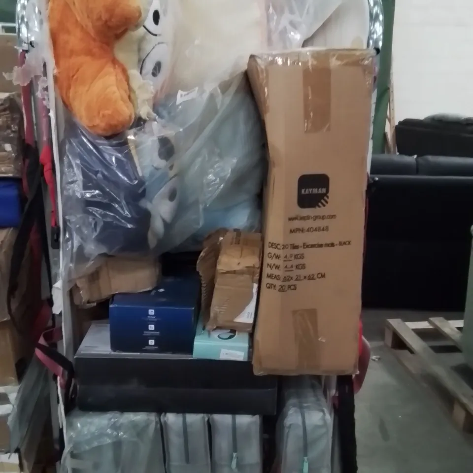 CAGE OF ASSORTED HOUSEHOLD GOODS AND PRODUCTS TO INCLUDE;RETRACTABLE DOG LEAD,PLAYMATS,EXERCISE MATS,AIR FRYER,CAMPING CHAIRS