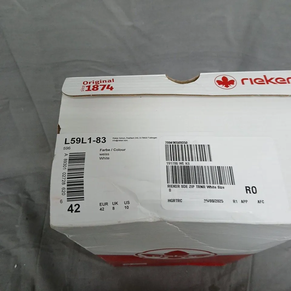 RIEKER WHITE LEATHER TRAINERS – SIDE ZIP, UK 8 (EU 42)