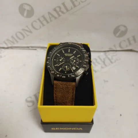 BOXED SEKONDA GENTS BLACK DIAL SPORTS WATCH WITH GENUINE LEATHER STRAP - JAPAN MOVEMENT - 5ATM. 