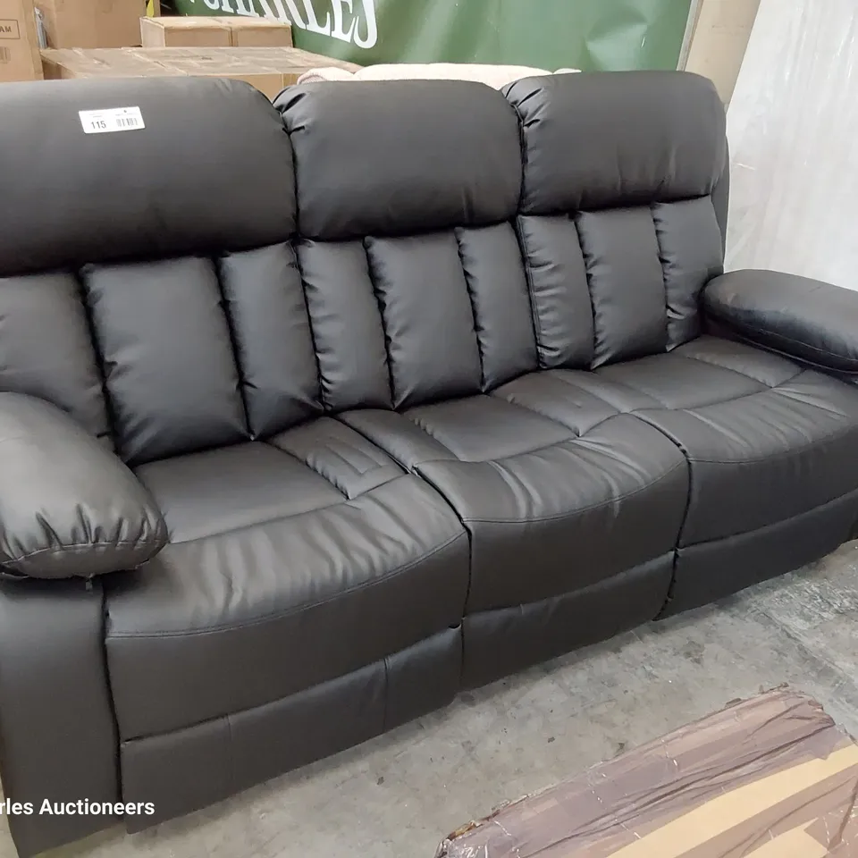 DESIGNER MANUAL RECLINING THREE SEATER SOFA BLACK FAUX LEATHER 