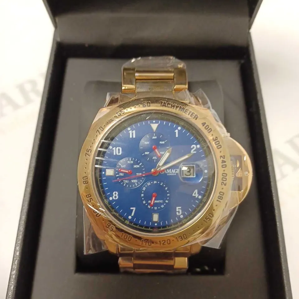 GAMAGES MOMENTUM ROSE TRIPLE DATE DIAL TACHYMETER BRACELET STRAP WRISTWATCH	