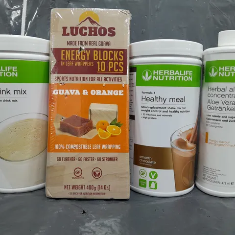 APPROXIMATELY 10 ASSORTED FOOD/DRINK PRODUCTS TO INCLUDE LUCHOS ENERGY BLOCKS, HERBALIFE NUTRITION HEALTHY MEAL, ETC