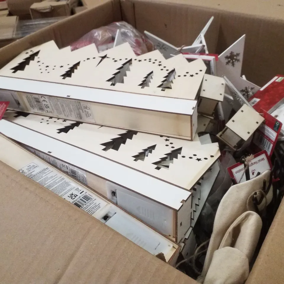 PALLET CONTAINING ASSORTED CHRISTMAS PRODUCTS & DECORATIONS INCLUDING CERAMIC HOUSE, CAKE TOPPERS, WOODEN LIGHT UP VILLAGES & FELT CHRISTMAS TREES