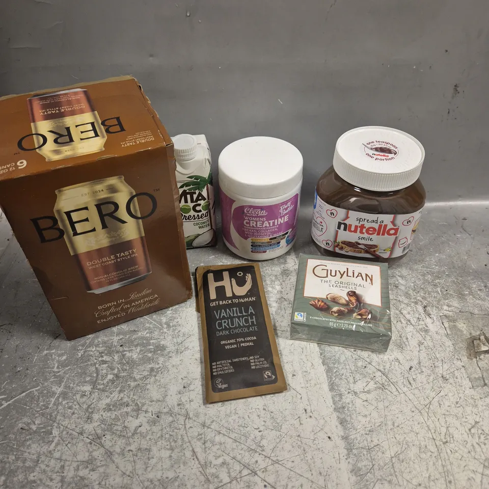 APPROXIMATELY 8 ASSORTED FOOD/DRINK PRODUCTS TO INCLUDE NUTELLA, GUYLIAN CHOCOLATES, COCONUT WATER ETC