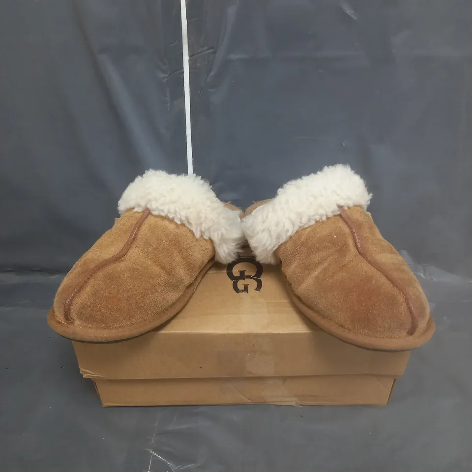 BOXED PAIR OF UGG SCHUFFETELL MULE SLIPPERS IN CHESNUT SIZE 4