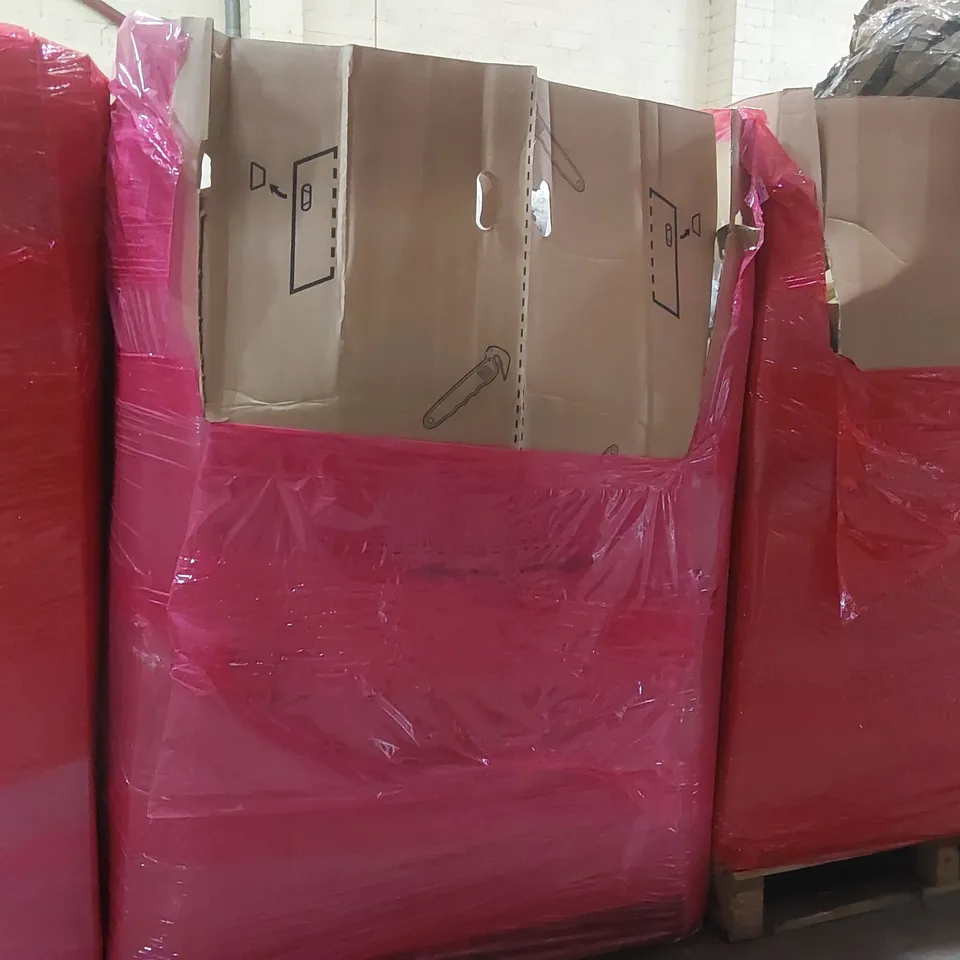 PALLET OF ASSORTED ITEMS INCLUDING: STEAM CLEANER, FOLDING PET TROLLEY, BLACK MOBILE TV CART, LARGE RUG, BLINDS ECT